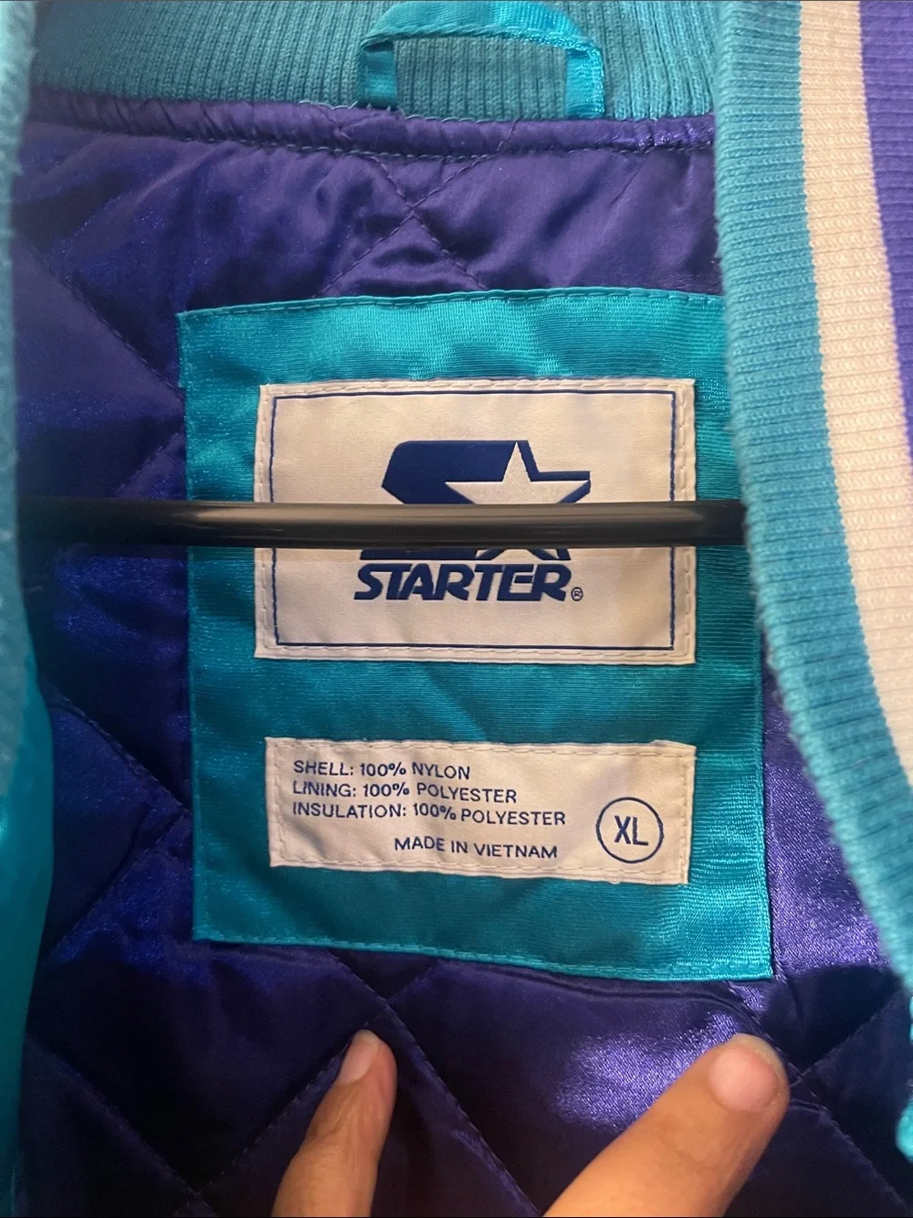 STARTER Vintage Charlotte Hornets Teal Satin Bomber Jacket with Stripe Trim